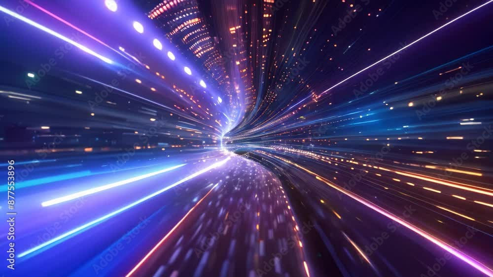Poster a tunnel illuminated with lights, creating a blurry effect, graphical representation of data transfe