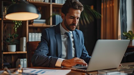 Obraz premium A businessman in a blue suit, sitting at his desk and working intently on his laptop in a modern office setting