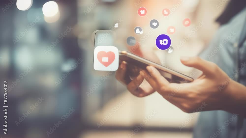 Poster close-up of hands using a smartphone with social media icons overlay. concept of digital communicati