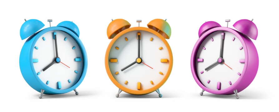 Three alarm clocks with different colors isolated from the white or transparent background, 3d render