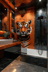 Bathroom interior in black and orange colors with tiger image on tiles in modern apartment.