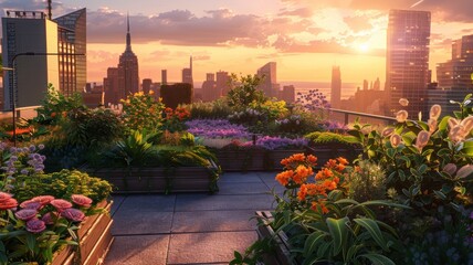Fototapeta premium A serene rooftop garden filled with vibrant flowers and lush greenery set against the backdrop of a bustling city skyline at sunset