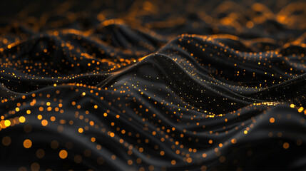 An abstract image of black waves adorned with golden light dots creating a visually stunning and luxurious appearance.