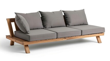 A wooden sofa with grey cushions and pillows, set against a white background