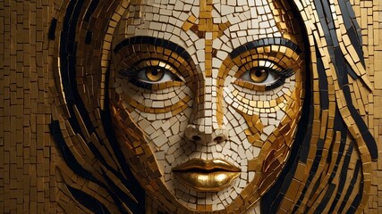 A creative portrait of a woman formed with golden and white mosaic pieces, highlighting elegance and craftsmanship.