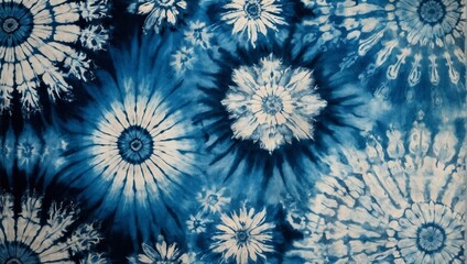 A dynamic tie-dye pattern in blue and white, illustrating various burst-like designs reminiscent of fireworks.