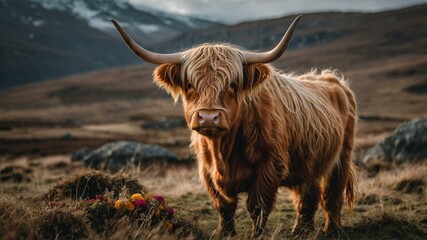 Highland cow standing on a mountainous landscape surrounded by wildflowers, exuding rustic and scenic charm.