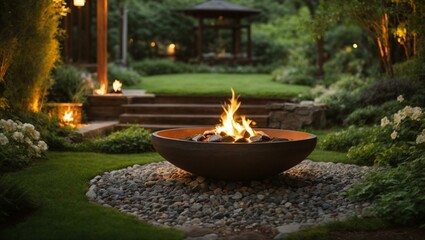 Obraz premium A beautiful garden with a fire pit in the center, surrounded by greenery and lit softly in the evening.