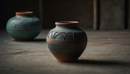 Two beautifully crafted ceramic pots with intricate patterns, displayed on a rustic concrete floor, highlighting artisan skills.