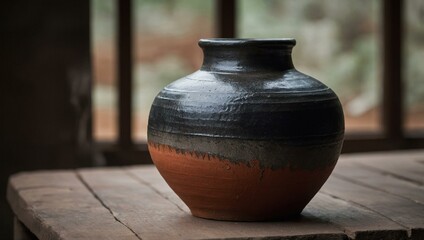 A beautifully handcrafted clay pot with two-toned textures sits on a rustic wooden table in a serene setting.