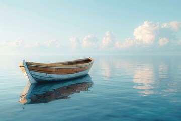 Naklejka premium Small wooden boat is floating on calm water with a cloudy sky in the background