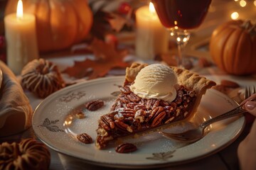 A person enjoys a slice of pecan pie topped with vanilla ice cream during a thanksgiving dinner celebration, surrounded by autumn decor and candles. Pie,Icecream,Coffee.