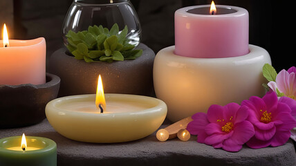 Candles and various spa products close-up, flower pots and spa stones, cozy and emotional atmosphere,