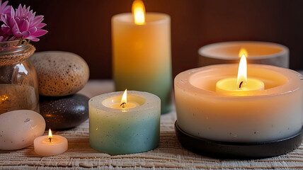 Candles and various spa products close-up, flower pots and spa stones, cozy and emotional atmosphere,