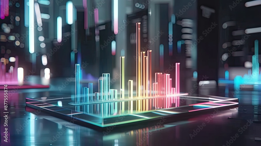 Poster a holographic display on a futuristic tablet showcases a bar graph visualization of data, illuminate