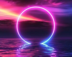Glowing Neon Circle Portal Above Water with Colorful Sky, Abstract Background