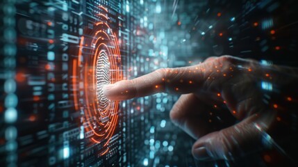 Fingerprint scanning on digital interface. Concept of biometric security, cybersecurity, data protection, and identity verification.
