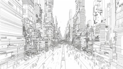 Fototapeta premium A line drawing of a bustling cityscape, skyscrapers with windows