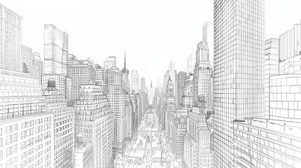 A line drawing of a bustling cityscape, skyscrapers with windows