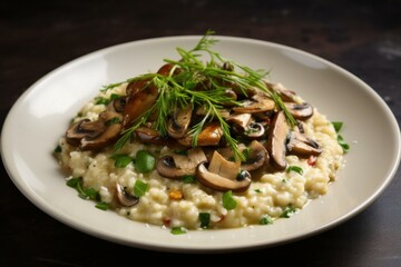 Delicious homemade risotto with sautéed mushrooms and fresh herbs on a white plate