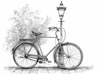 Obraz premium A line drawing of a vintage bicycle, leaning against an old-fashioned lamppost