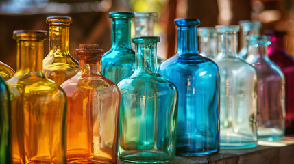 Colorful Bottles: Various shapes and sizes, filled with different colored liquids, arranged in an aesthetically pleasing pattern.

