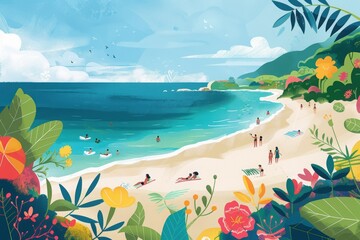 A playful, colorful illustration of a beach scene