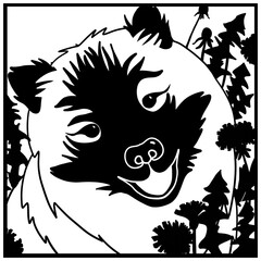 Portrait d'un chien Eurasier sur un fond fleuri,  imitation de la technique d'estampes en noir et blanc