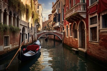 Tranquil scene of a gondola gently floating along a picturesque venetian canal