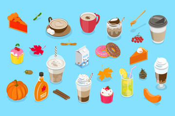 3D Isometric Flat Vector Set of Coffee and Treats, Fall Vibes Beverage