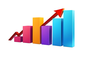 Minimalist 3D icon depicting a bar graph with an arrow, representing soaring finances and strengthening currency, on a transparent background. Ideal for financial analysis visuals.