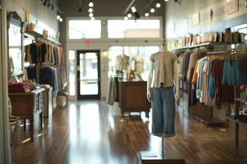 Fashion Boutique Interior Featuring Elegant Racks and Glass Cases with Various Apparel. Generative AI