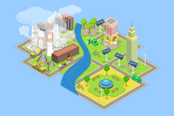 3D Isometric Flat Vector Illustration of Sustainability Vs Pollution, Climate Change Awareness