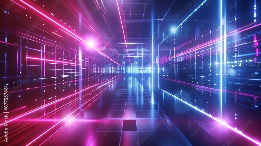Poster futuristic neon-lit corridor with digital grid pattern, showcasing a dynamic sci-fi atmosphere and m