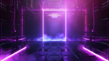 Fototapeta premium Futuristic neon entrance with pink and purple lights, creating a sci-fi atmosphere with a smoky ambiance.