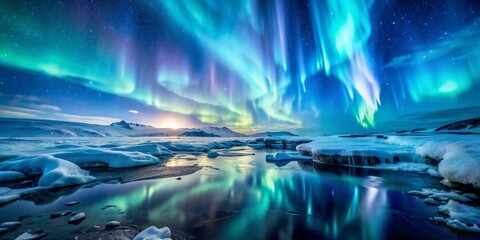 Aurora Borealis Reflecting in a Frozen Lake, Night Sky, Starry , Northern Lights , Iceland , Landscape