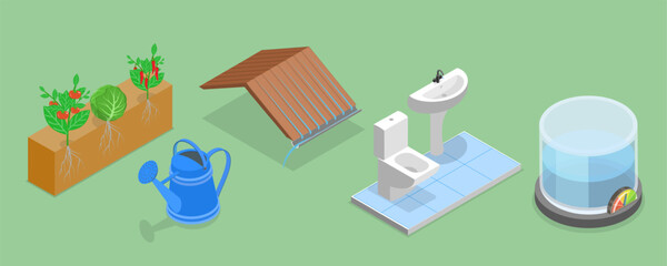 3D Isometric Flat Vector Set of Rainwater Harvesting Items Part 1, Responsible Lifestyle