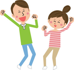 ポップな男女ガッツポーズでジャンプ