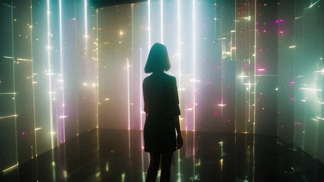 A woman stands in front of a room with holographic stars projected on the walls, Holographic projections shimmering around the perimeter
