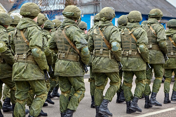 Military Parade Army Soldiers In Camouflage Marching Together In Uniformed Formation