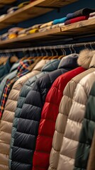Fototapeta premium A variety of puffer jackets, in various colors, hang on racks in a clothing store.