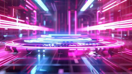 Fototapeta premium Futuristic neon-lit room with vibrant pink and blue lights creating a cyberpunk atmosphere, showcasing advanced technology and digital elements.