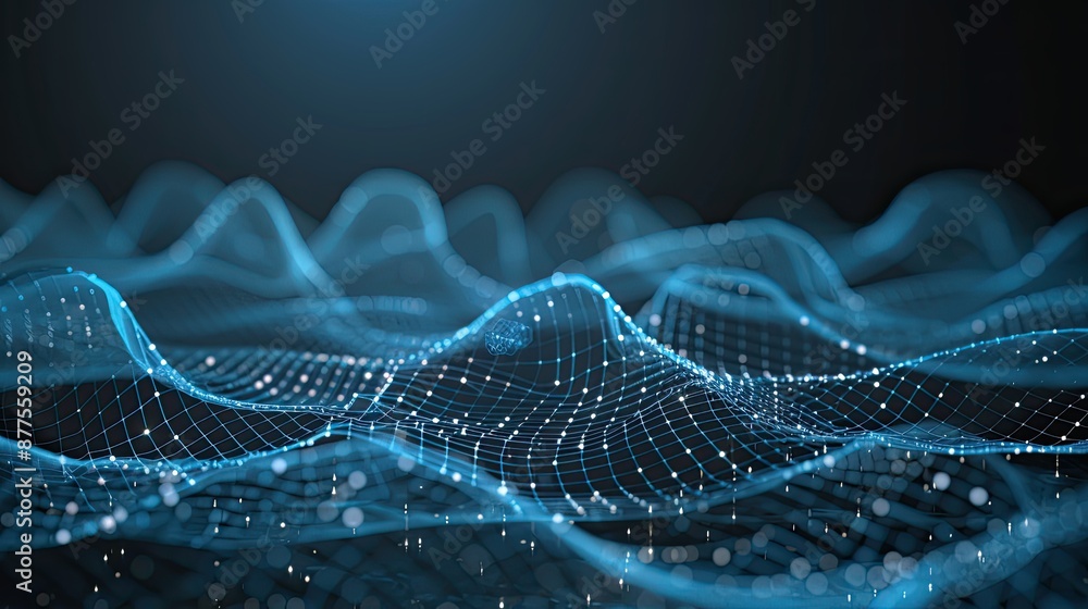 Poster a digital illustration of abstract blue waves with a mesh pattern. the waves are illuminated by a br