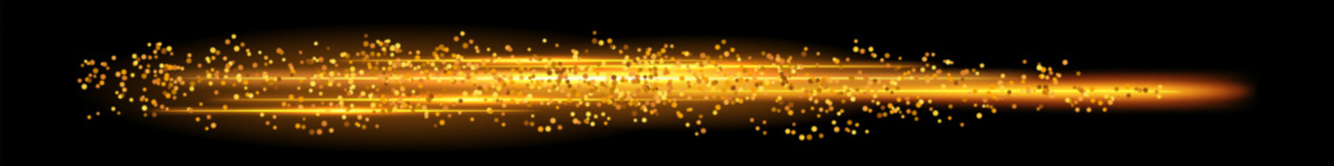 Naklejka premium Glowing golden beam, neon light effect,sparkling trail. Luminous stick with flying sparkles. Magic and technology. Isolated element on transparent background. Vector illustration