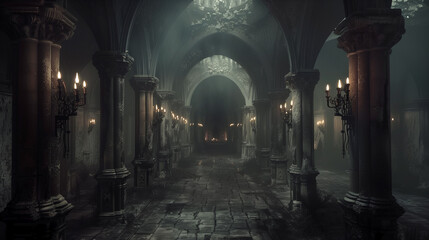 Mysterious dark gothic corridor with columns and lanterns