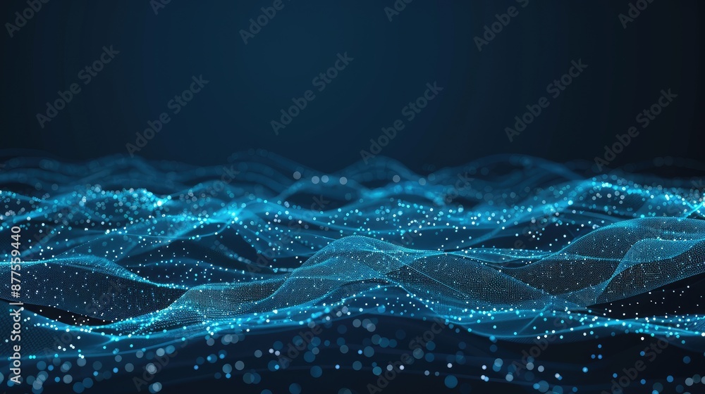Poster a digital illustration of abstract blue waves with a mesh pattern. the waves are illuminated by a br