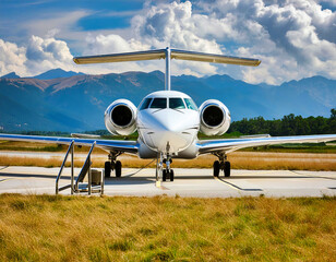 Naklejka premium Luxury Business Jet Ready for Takeoff on Scenic Airport Runway. Executive holidays luxury