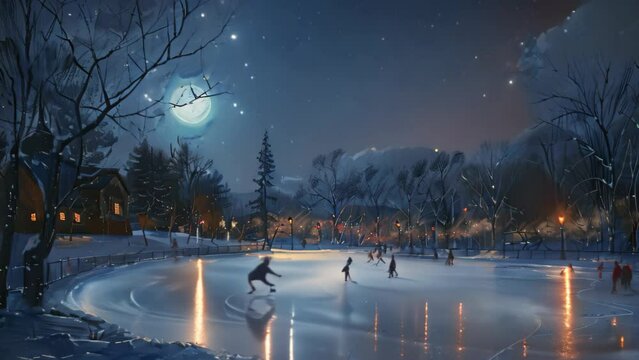 A painting of people playing ice hockey under the moonlight on a frozen pond, Ice skaters gliding on a frozen pond under the moonlit sky