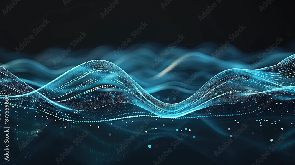 Poster a digital illustration of abstract blue waves with a mesh pattern. the waves are illuminated by a br
