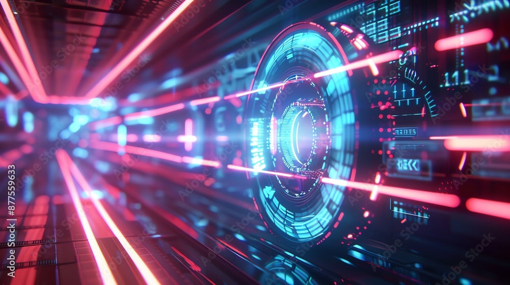 Aufkleber futuristic neon digital interface with glowing lights, data symbols, and complex graphics representi